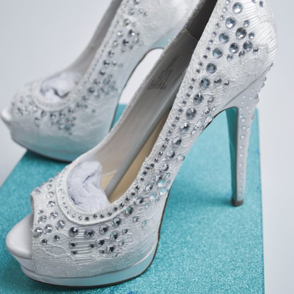Betsy Johnson Something Blue Lace Heels w Rhinestones- FITS 7.5  (8.5 Actual Sz) - Picture 4 of 10